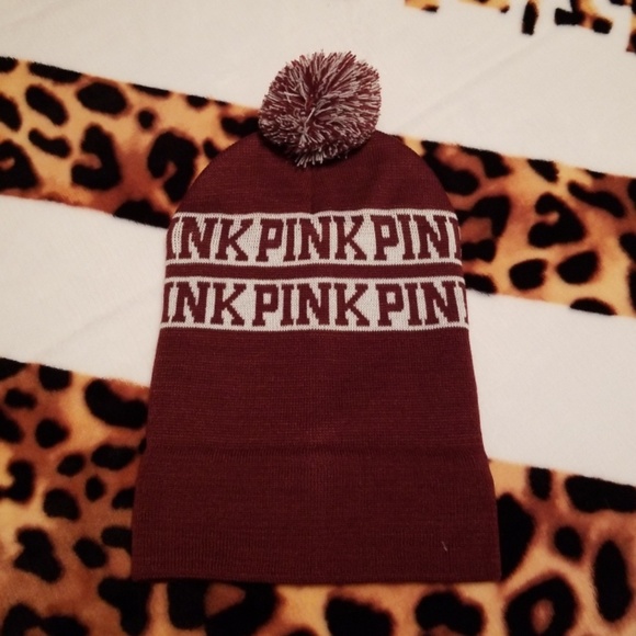 NWT VS PINK Maroon & White Pom Pom Beanie - Picture 5 of 5